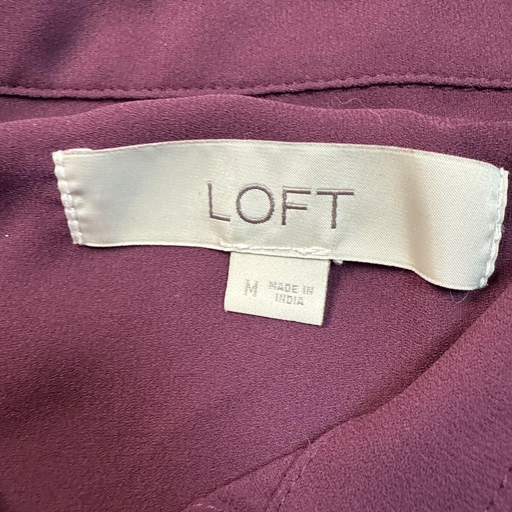 LOFT Blouse Womens Medium Burgundy Collared Button Front Sheer Lace Long Sleeve - Picture 4 of 8